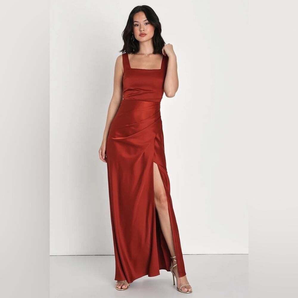 Lulus Red Carpet Romance Rust Orange Satin Square Neck Maxi Dress LARGE